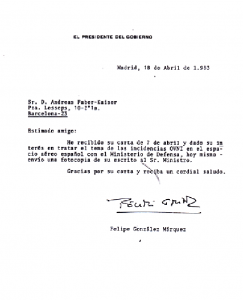 123. Carta del Presidente Felipe González a Andreas Faber Kaiser
